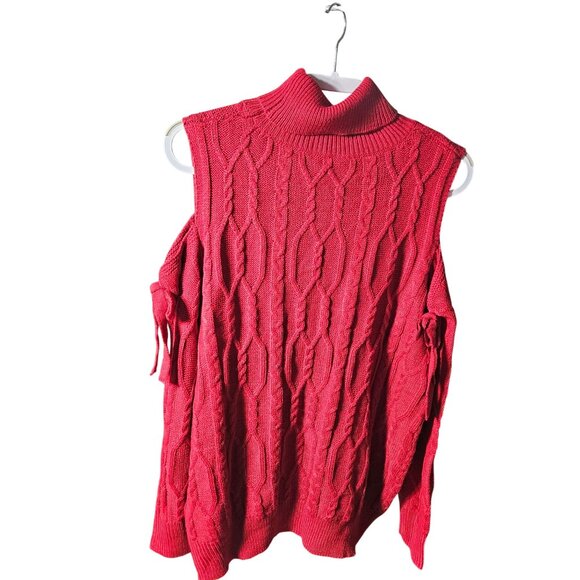 Cold shoulder long-sleeved Red Cable  Knit Turtleneck Sweater Dress 1XL By Sheen - Picture 4 of 5